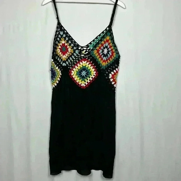 Womens Mini Dress Black XS/S Crocheted Spaghetti Straps Mini Crocheted Squares - Picture 1 of 9
